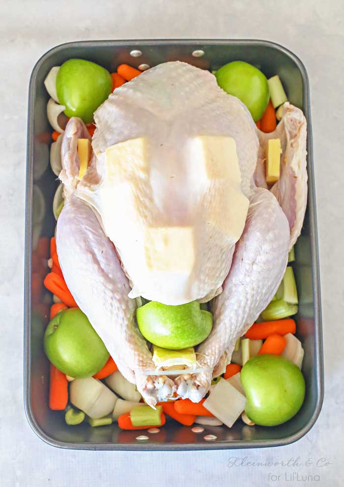 Roast turkey in pan with veggies and apples