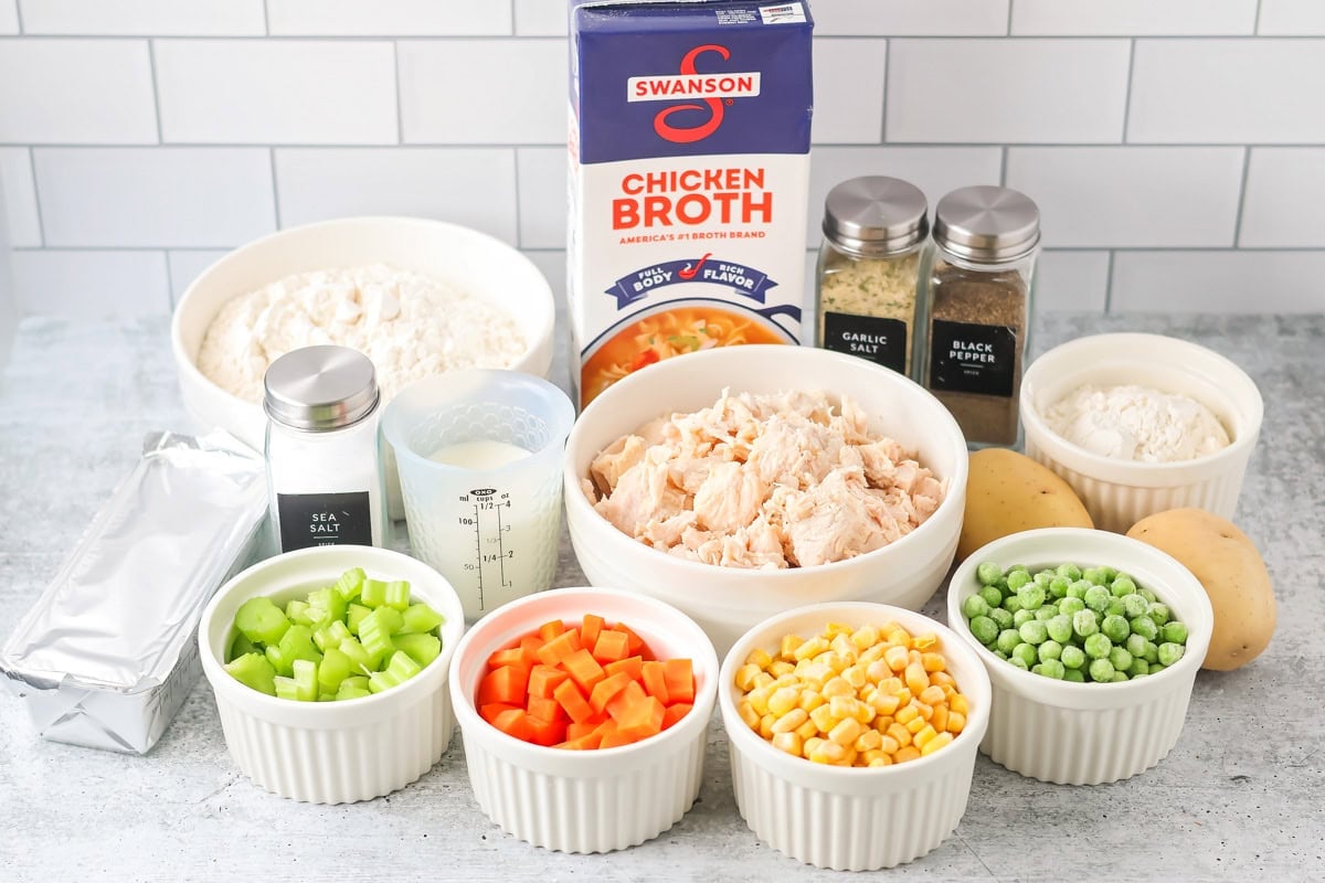 Chicken Pot Pie Soup ingredients on counter.