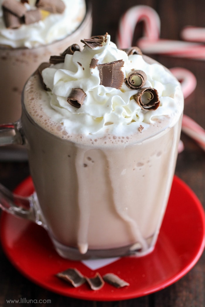 Christmas drink recipes - frozen hot chocolate topped with whipped cream and chocolate shavings.