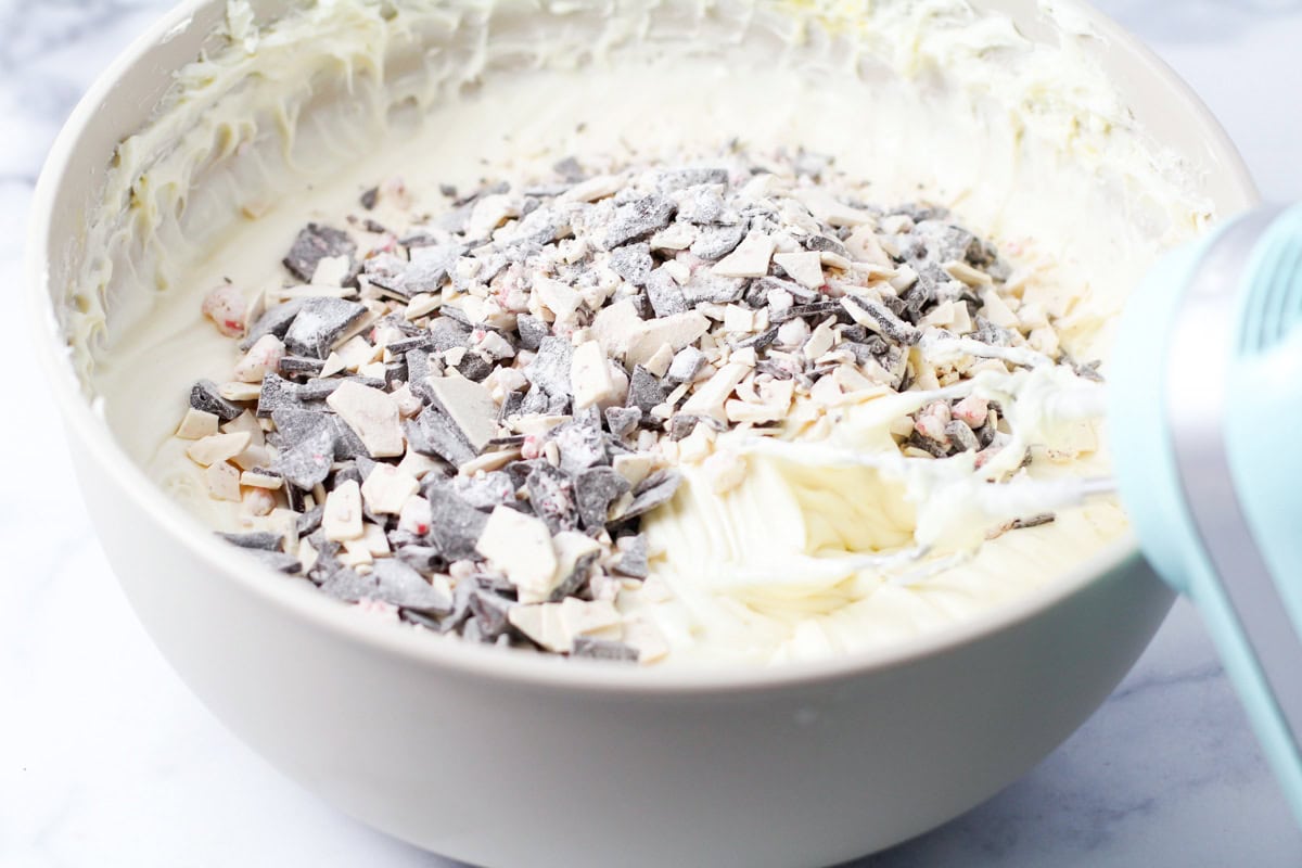 Peppermint cheesecake filling in bowl.