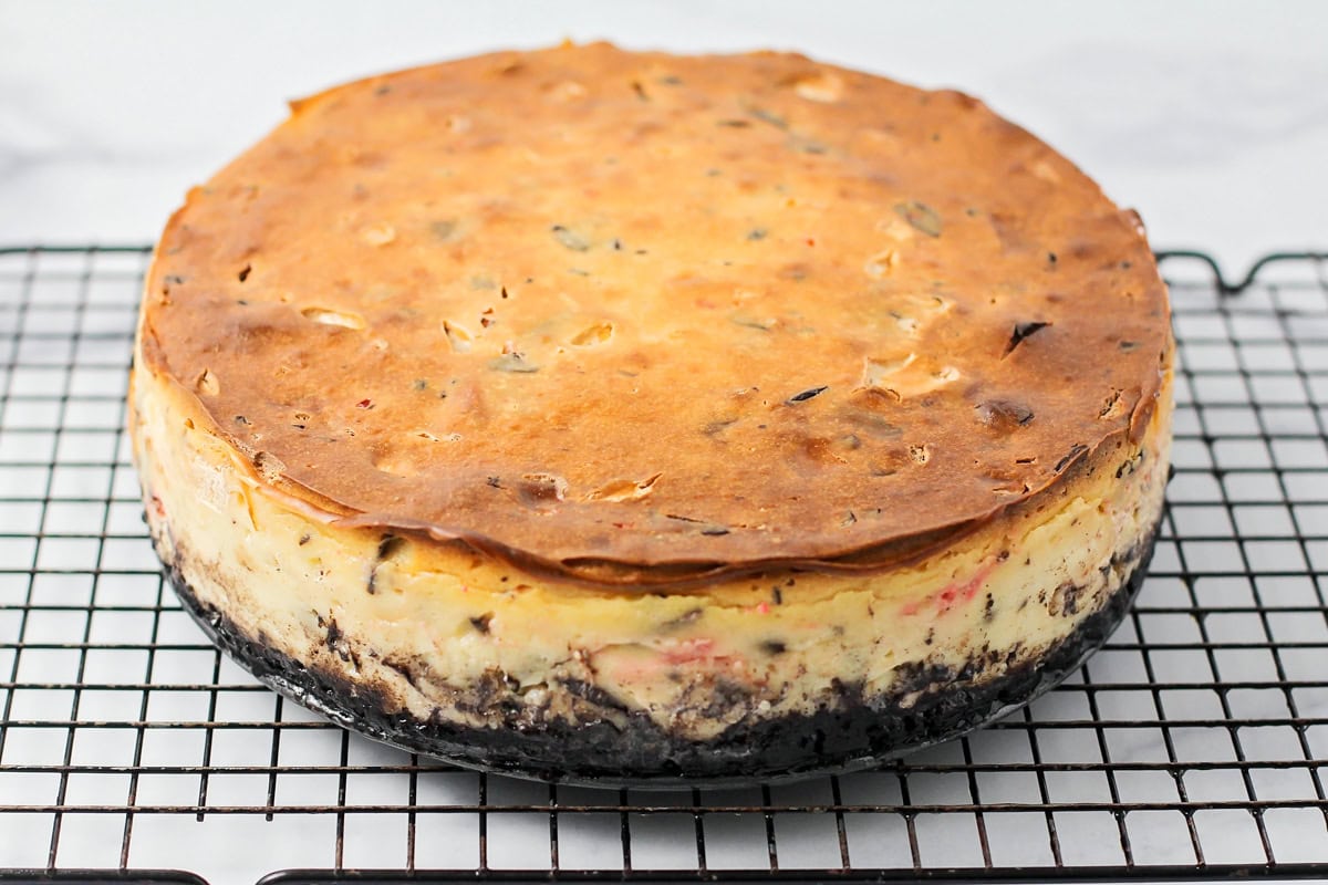 Peppermint cheesecake on cooling rack.