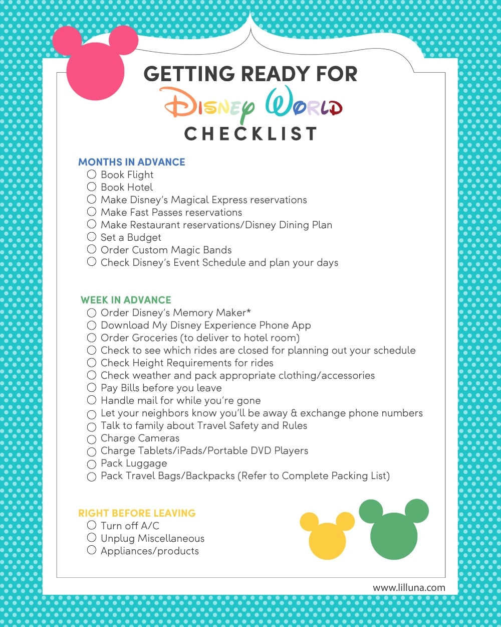 Disney World Vacation Planning FREE Printable Checklist