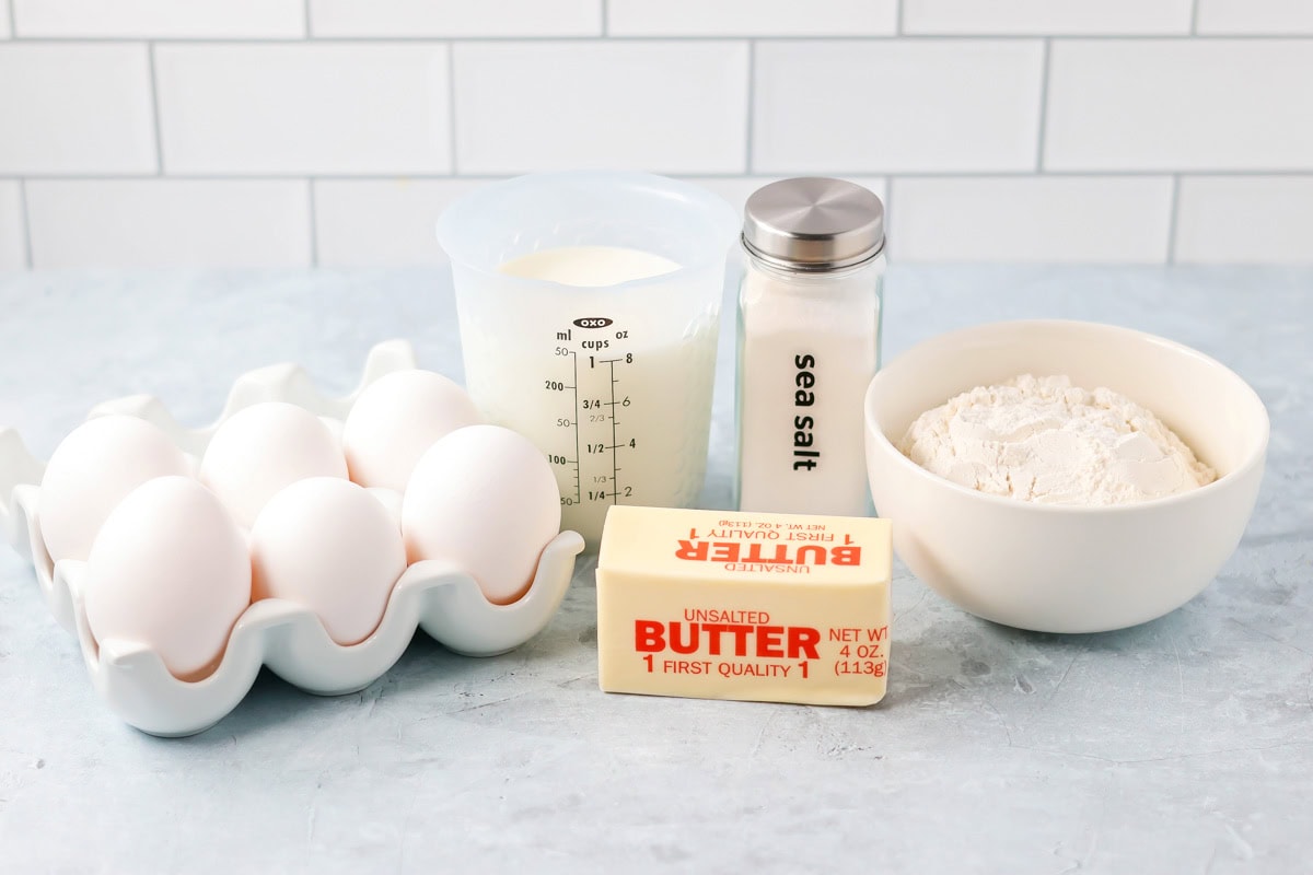 German pancakes recipe ingredients on countertop.