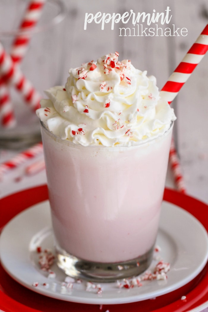 Peppermint Milkshake topped with whipped cream and candy cane bits.