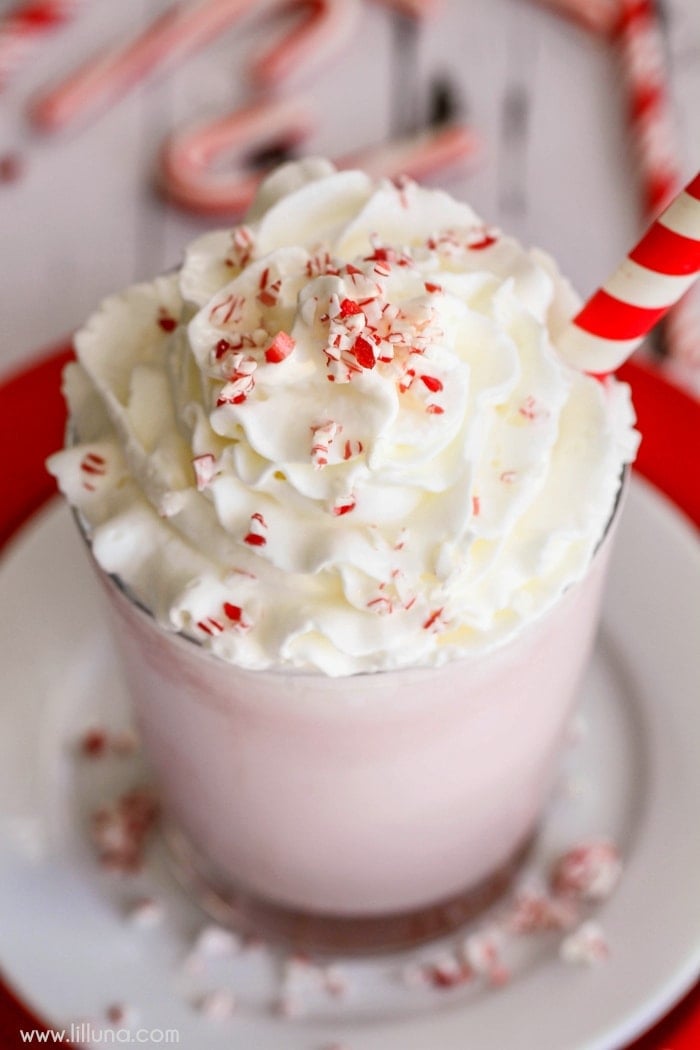 Peppermint shake topped with whipped cream and crushed candy canes served on a white plate.