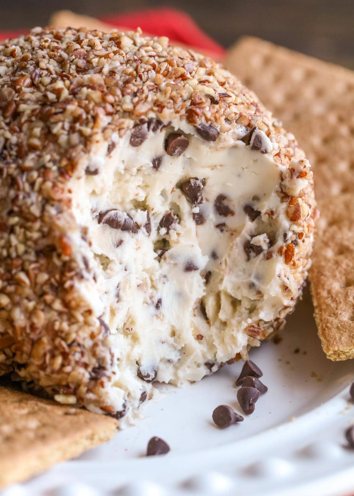 Chocolate chip cheese ball served on a white plate with graham crackers