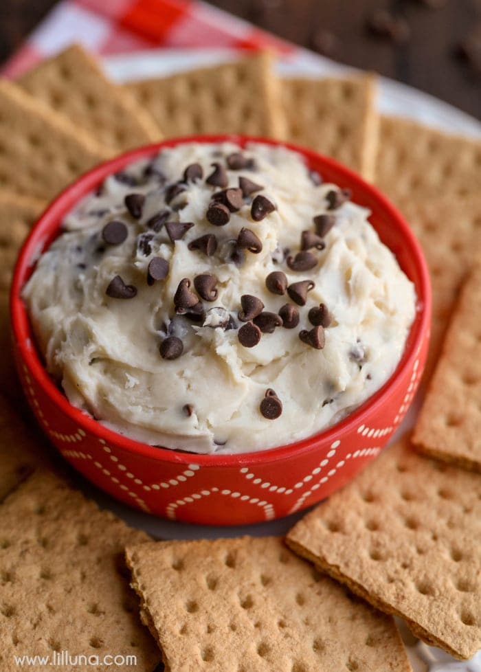 Appetizer Dips - chocolate chip dip topped with mini chocolate chips in a red bowl surrounded by graham crackers. 