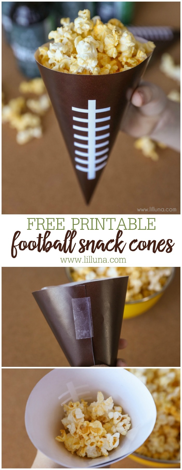 PRINTABLE Football Snack Cones - fill these free prints with your favorite snack for the Big Game.