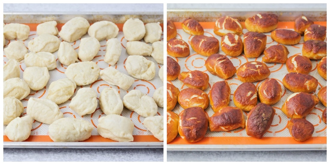 Pretzel bites on a sheet pan before and after baking