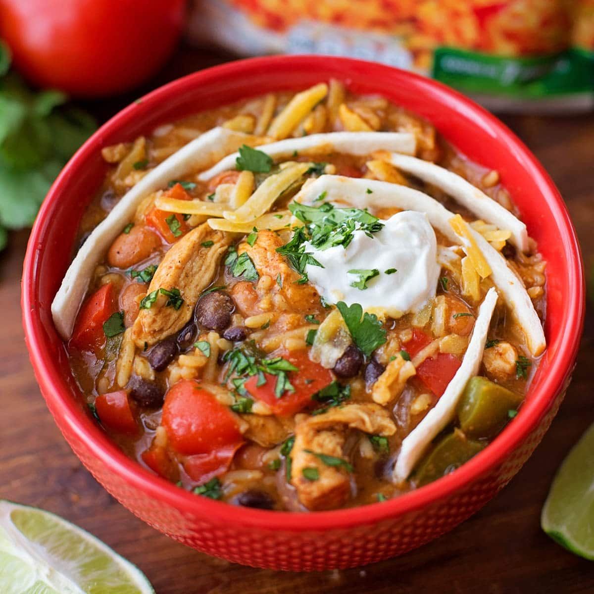 Red bowl filled with fajita chili