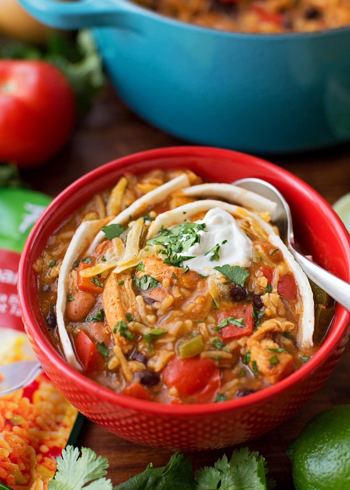 Red bowl full of fajita chili