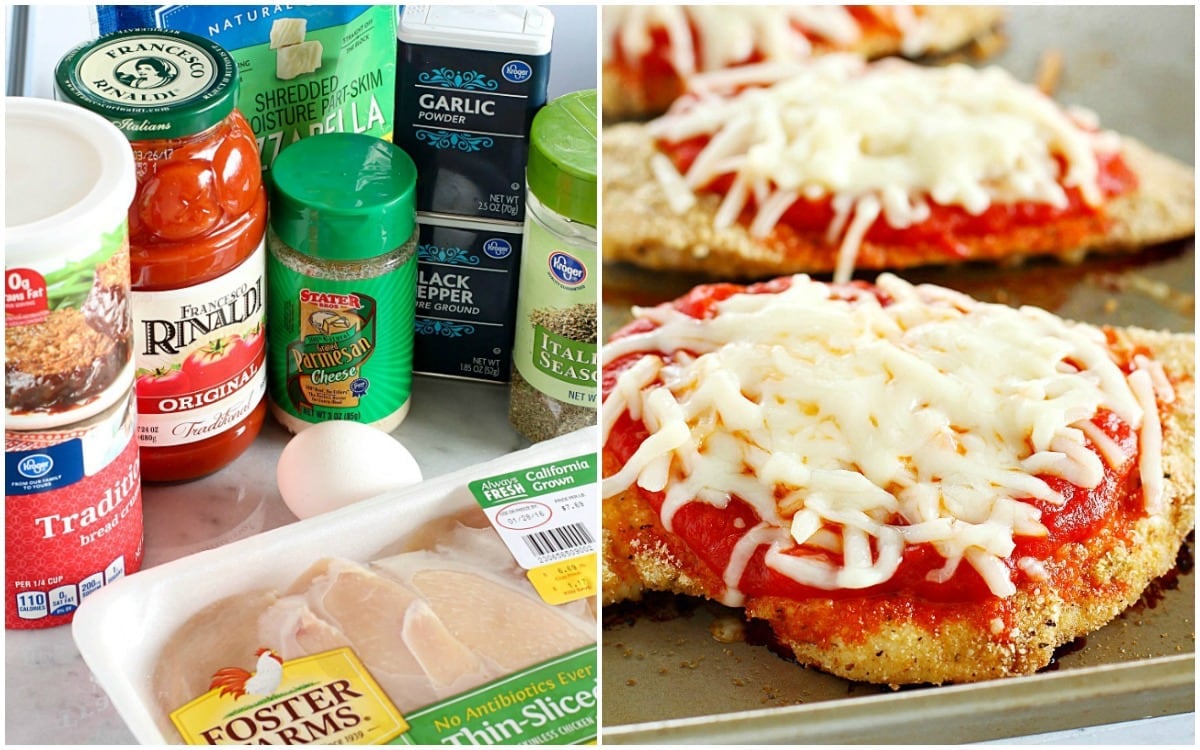 Skinny Chicken Parmesan ingredients and baked chicken parmesan on a tray