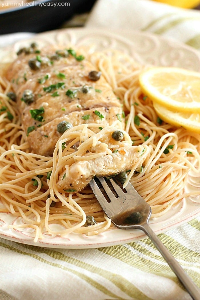 Healthy chicken piccata recipe with angel hair pasta