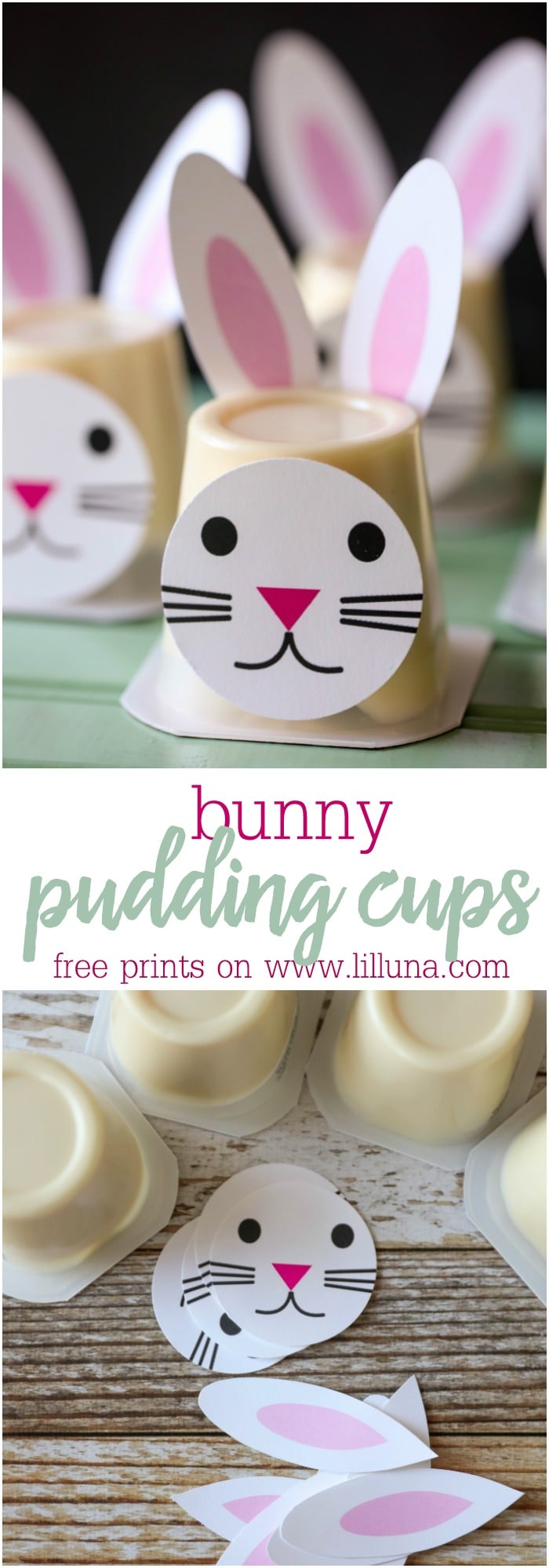 Easter Bunny Pudding Cups!! Such a cute idea for Easter parties and events. Get the free prints for these bunnies on lilluna.com
