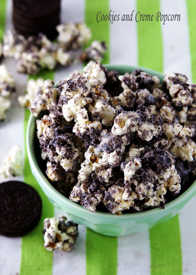 Cookies and Cream Popcorn in a mint bowl