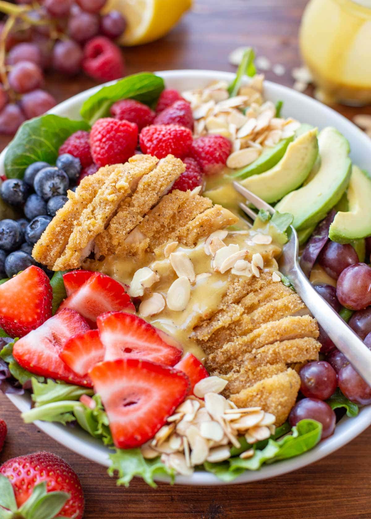 Honey and Mustard chicken salad with berries and nuts