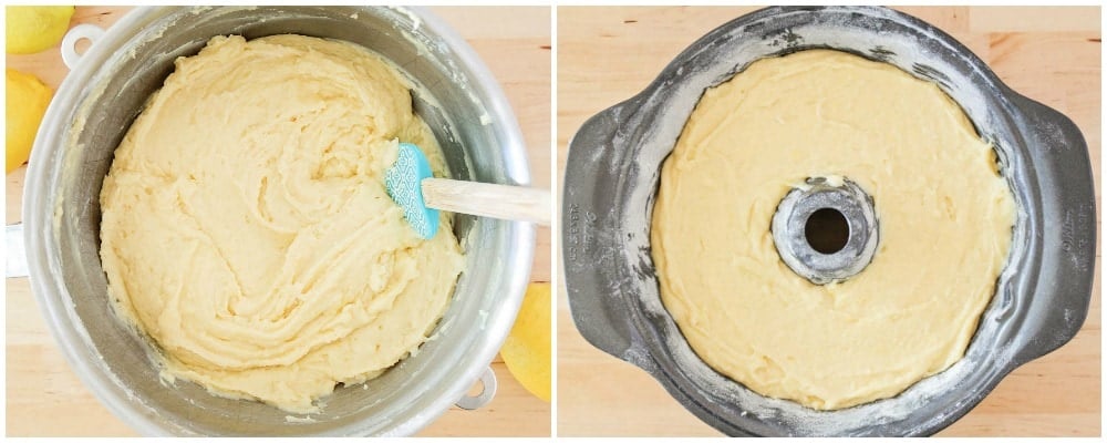 lemon pound cake batter in mixing bowl and bundt pan