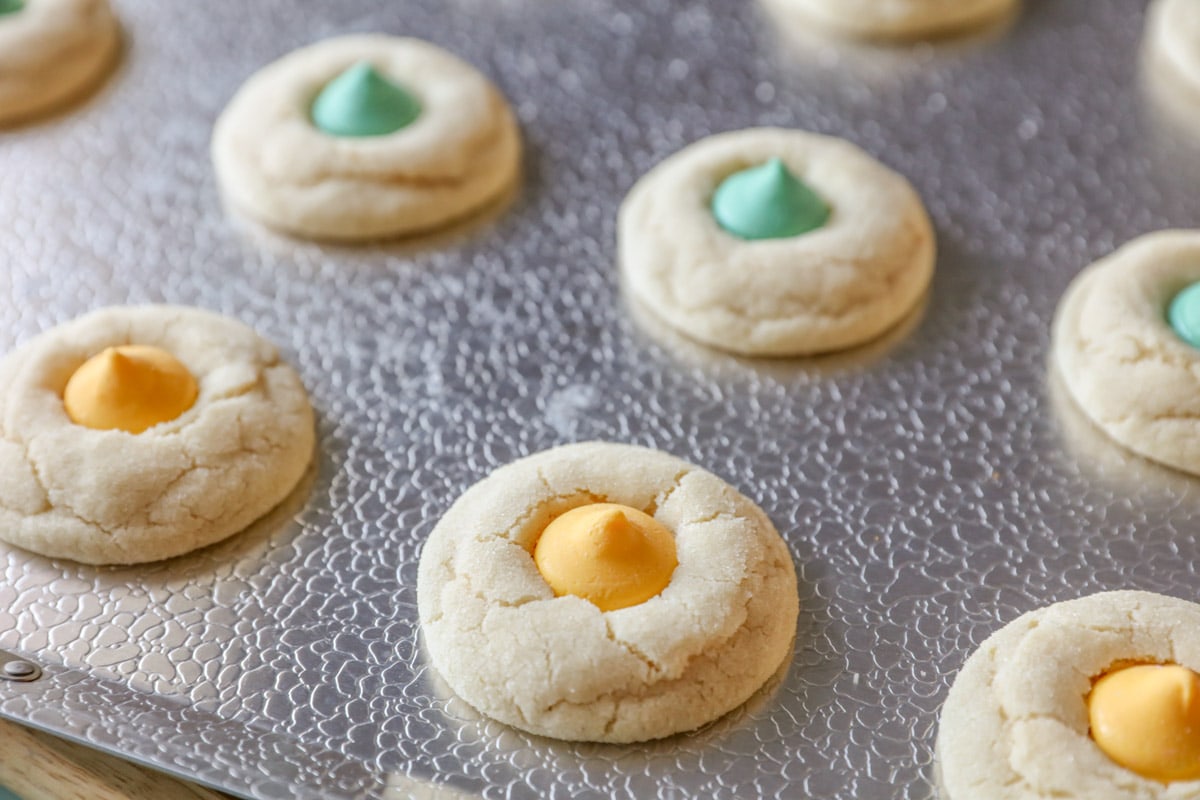 Easter blossom sugar cookies on a baking sheet