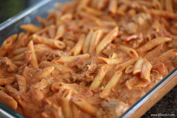 Creamy Sausage Penne in a baking dish