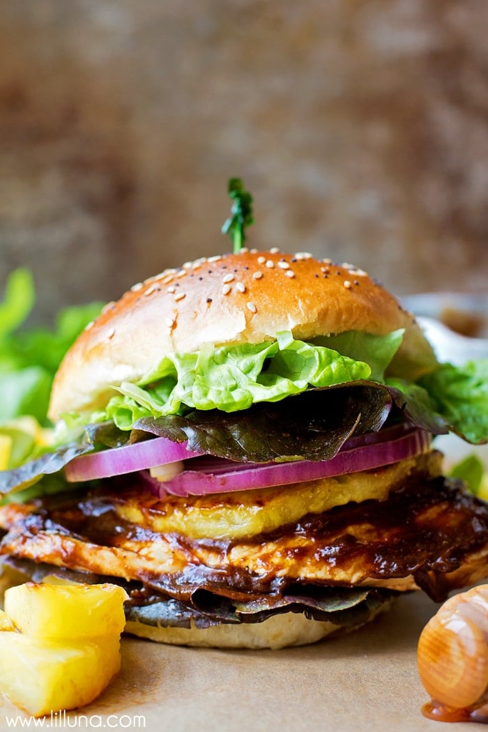 Hawaiian BBQ Chicken Sandwich on parchment paper