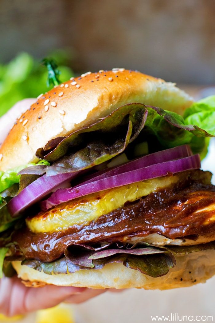 Hawaiian BBQ chicken sandwich for serving with corn salad.