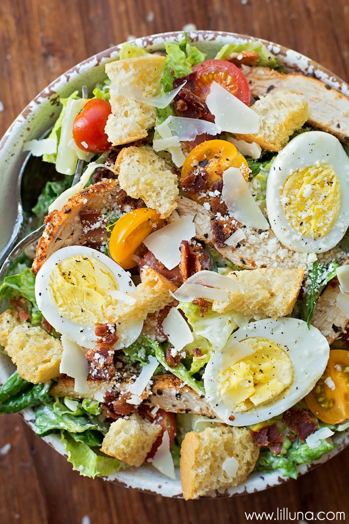 Healthy Dinner Ideas - Chicken Caesar Salad in a white bowl.