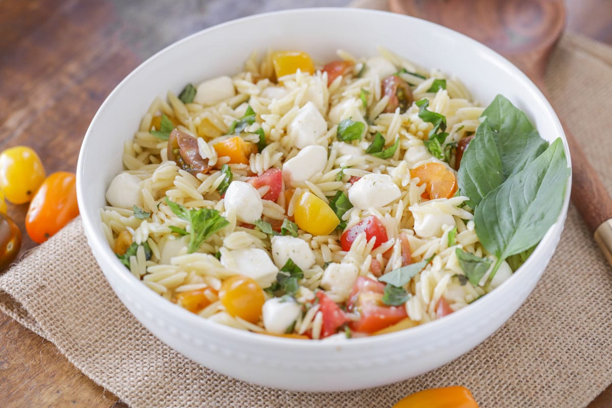 Healthy Pasta Recipes - Fresh Mozzarella Pasta Salad in a white bowl garnished with two basil leaves.