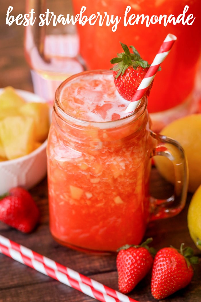 Glass mug filled with fresh best strawberry lemonade