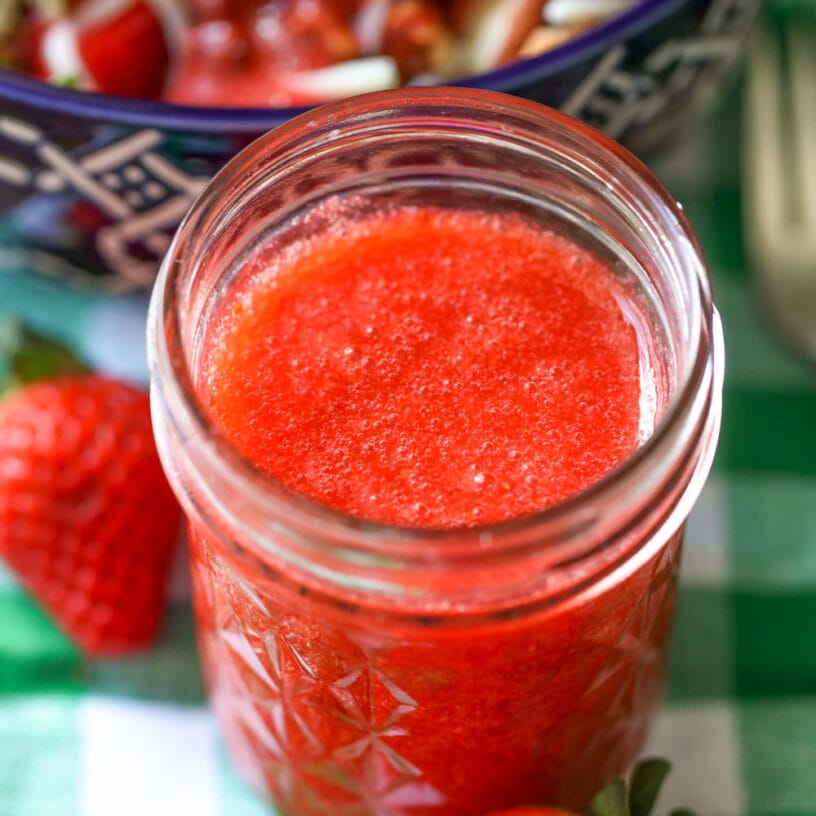 Strawberry Harvest Salad tastes just like the salad at Zupa's! It's topped with a homemade Strawberry Vinaigrette dressing. Strawberry dressing for strawberry harvest dressing.