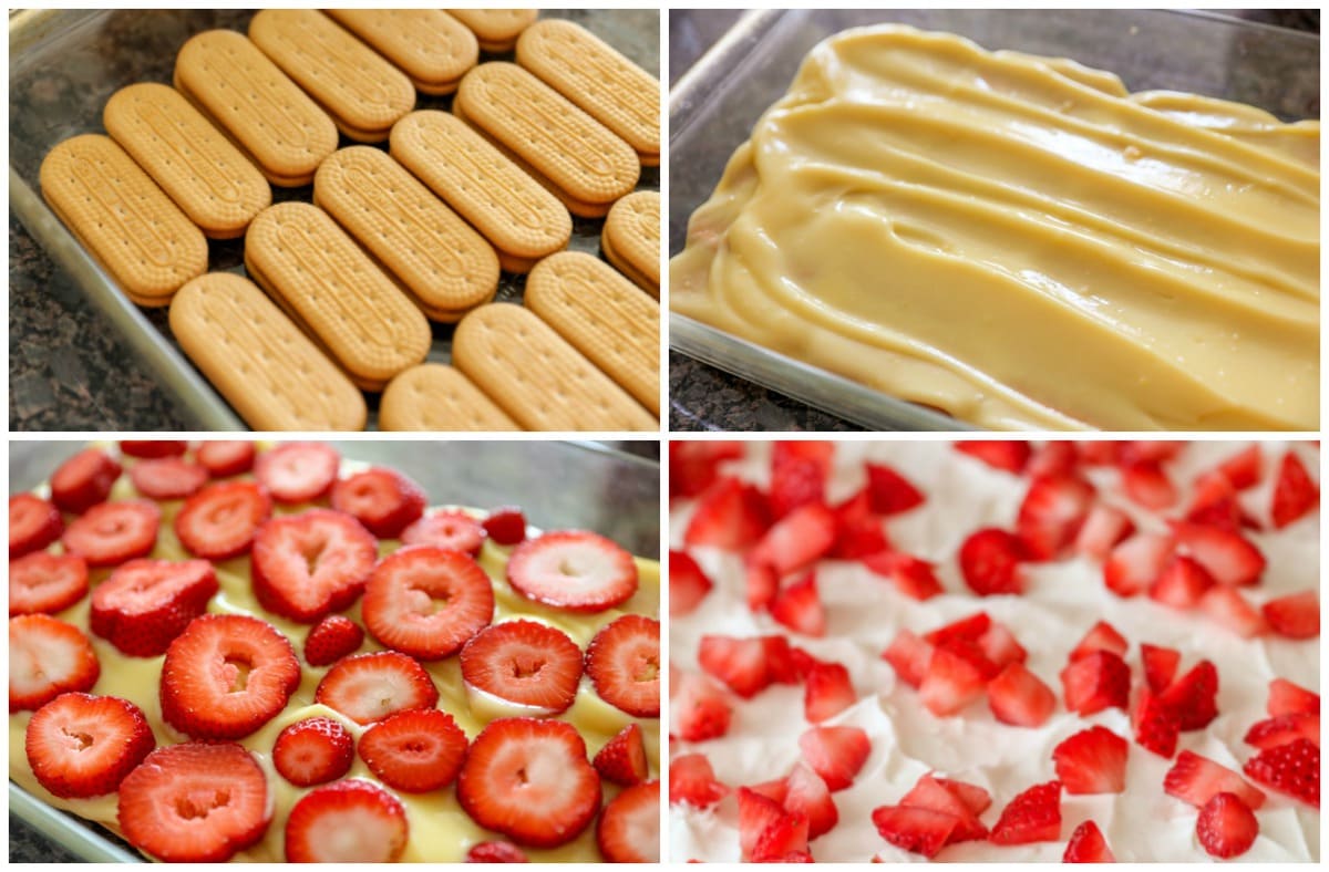 Collage of process pictures to make strawberry shortcake lasagna