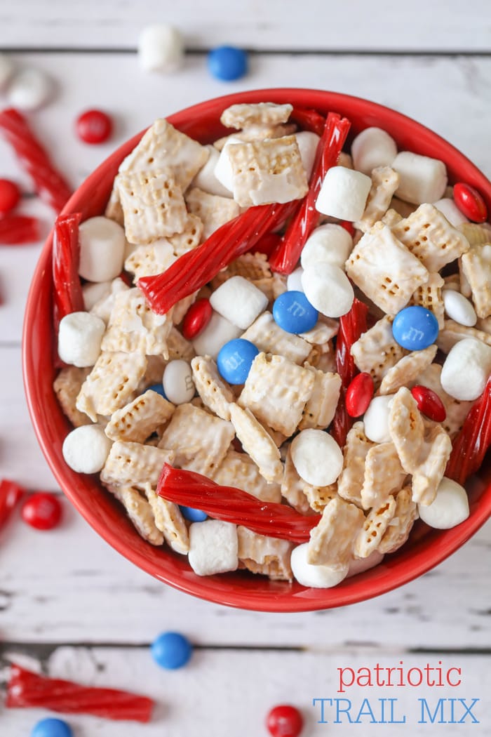 Patriotic Trail Mix - candy coated cereal mixed with mini marshmallows, licorice and M&Ms making it a perfect treat for any patriotic holiday like Fourth of July, Memorial Day or Veteran's Day!