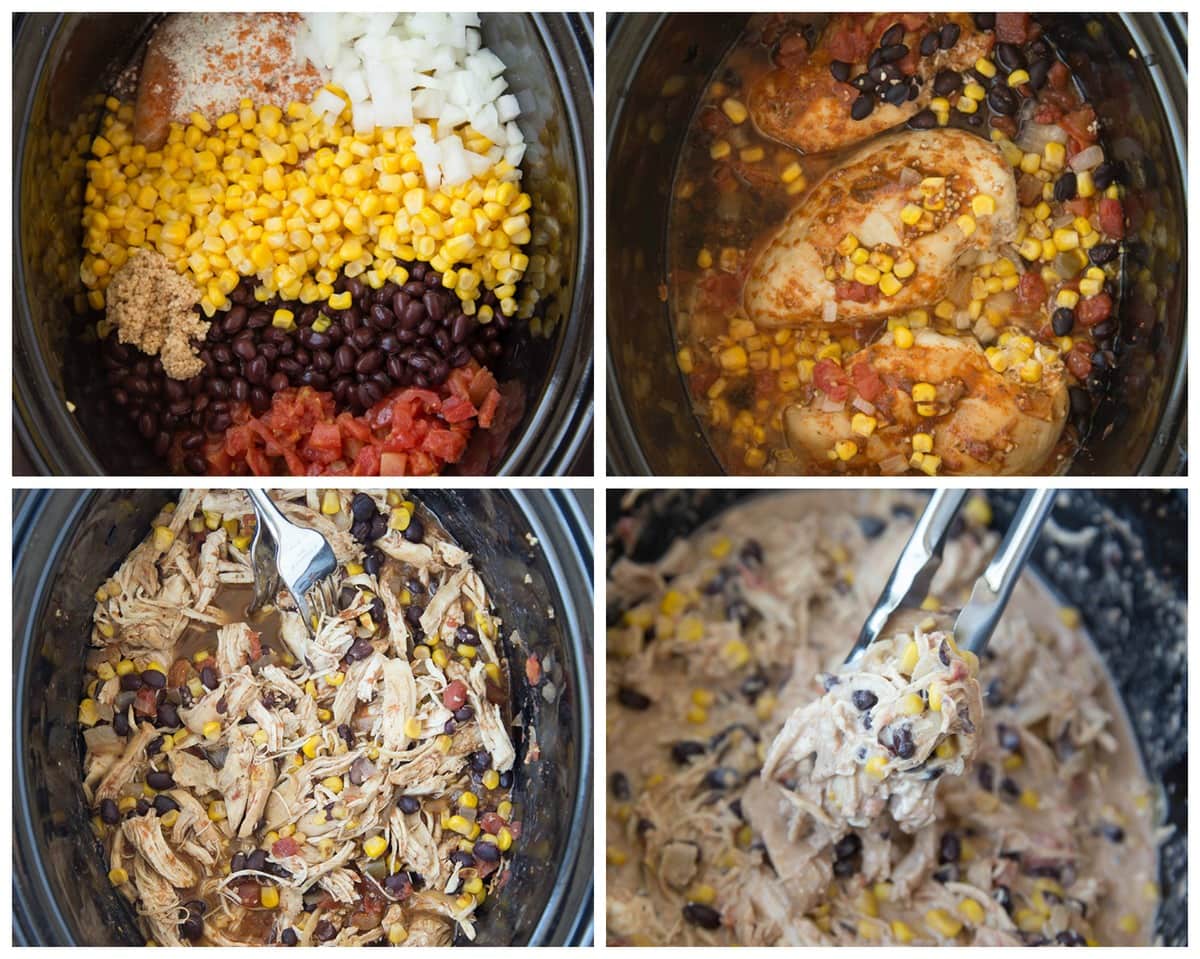 crock pots filled with chicken and ingredients during various stages of cooking