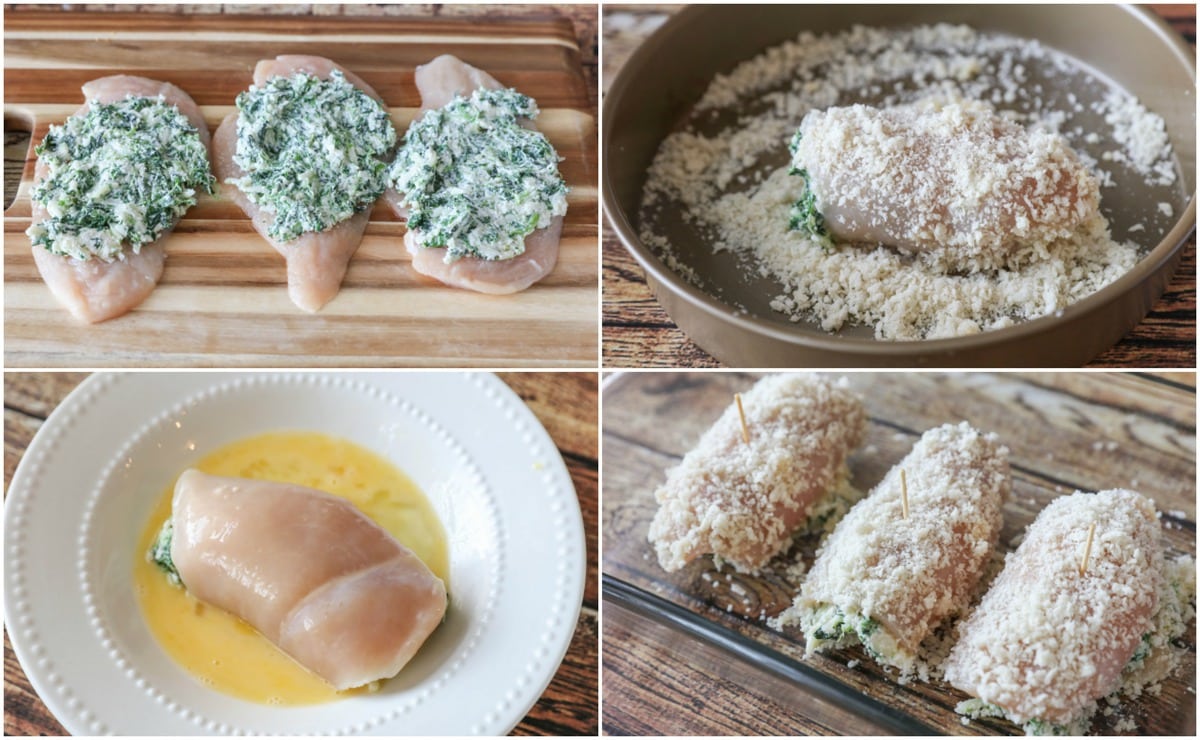 Process pictures for making chicken parmesan roll ups