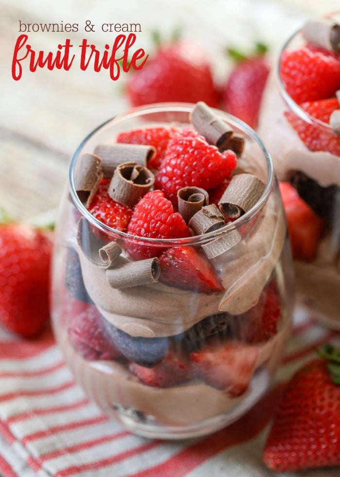 Brownies and Cream Fruit Trifle topped with chocolate curls 