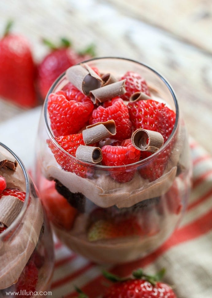 Brownies and Cream Fruit Trifle topped with chocolate curls