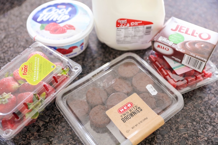 Ingredients for brownies and cream fruit trifle