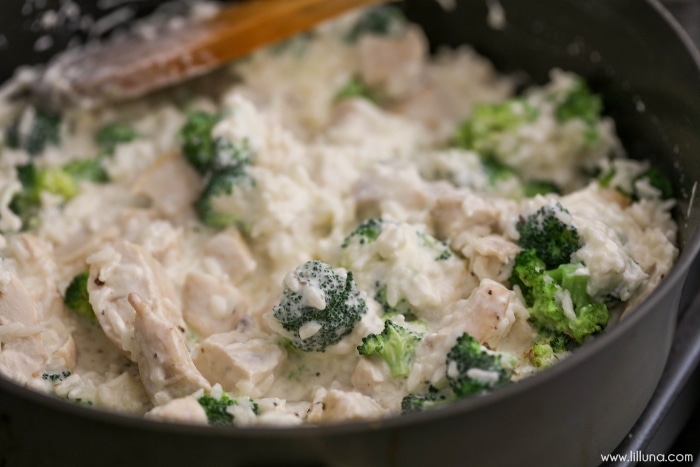 chicken, broccoli, and rice in a pot