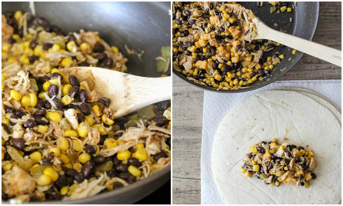 cooking chicken, black beans, and corn in a skillet then spooning it onto a flour tortilla