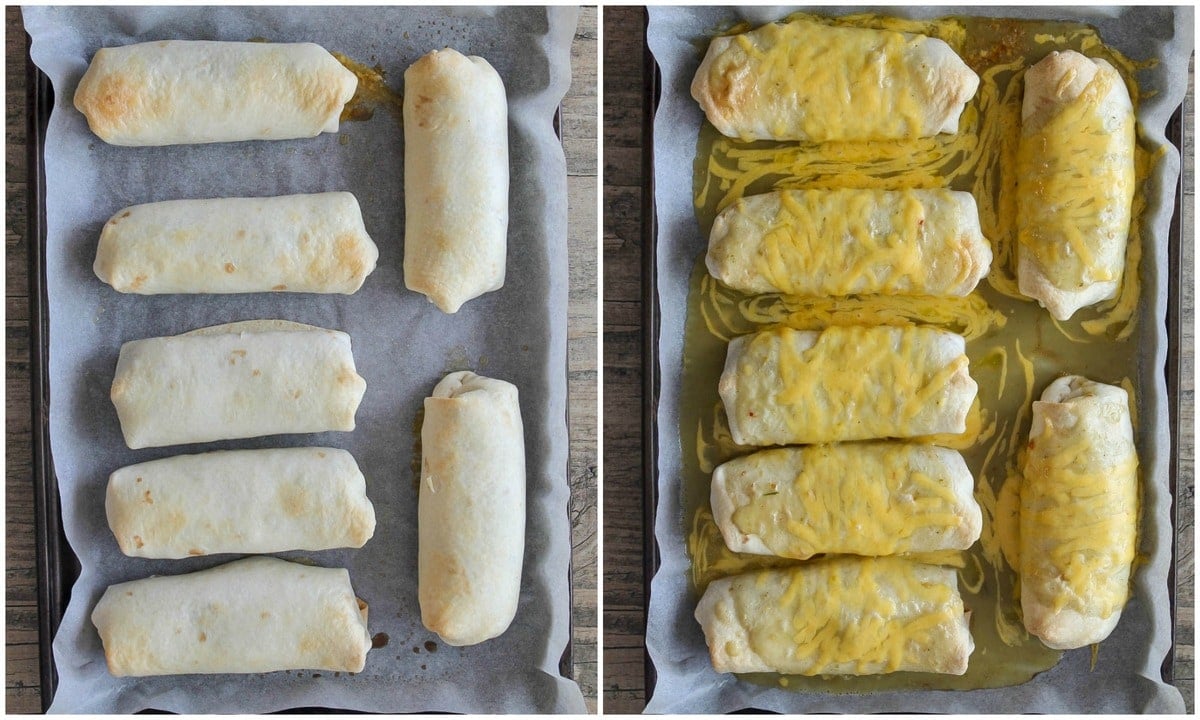 collage of burritos after baking, then after being smothered with sauce and cheese
