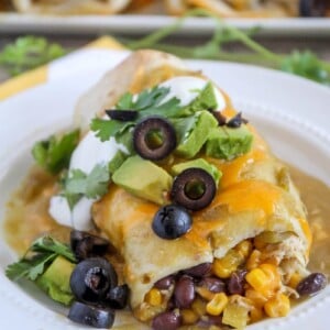 green chili smothered burrito with olives, cilantro and avocado on plate