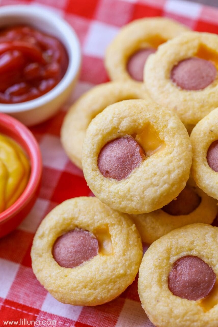 5 Ingredient Recipes - Pile of corn dog muffins paired with ketchup and mustard.
