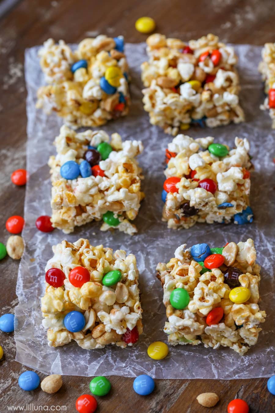 cut popcorn bars on wax paper