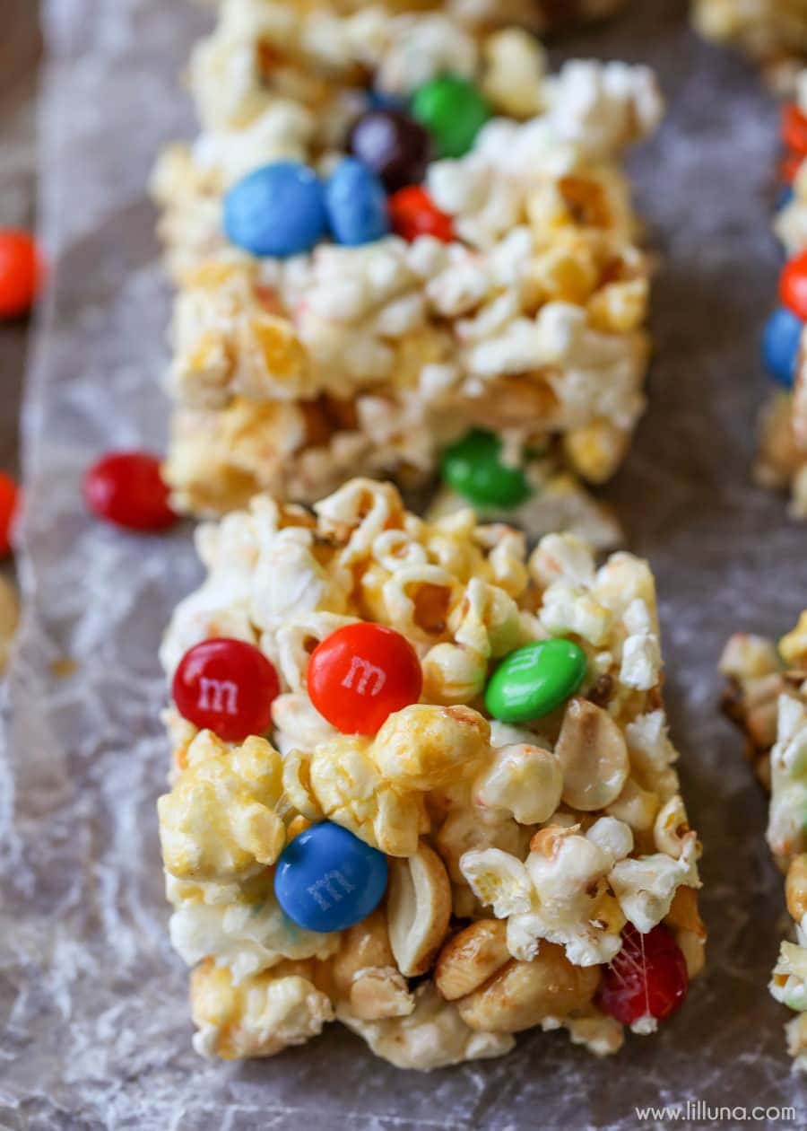 Close up of popcorn bars on wax paper