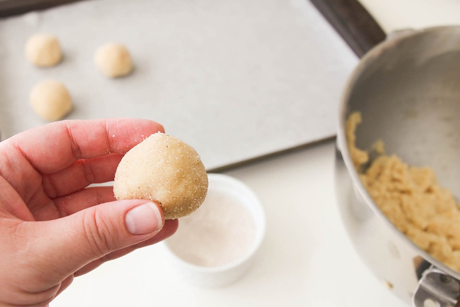 Eggnog Snickerdoodle balls dipped with nutmeg sugar mixture