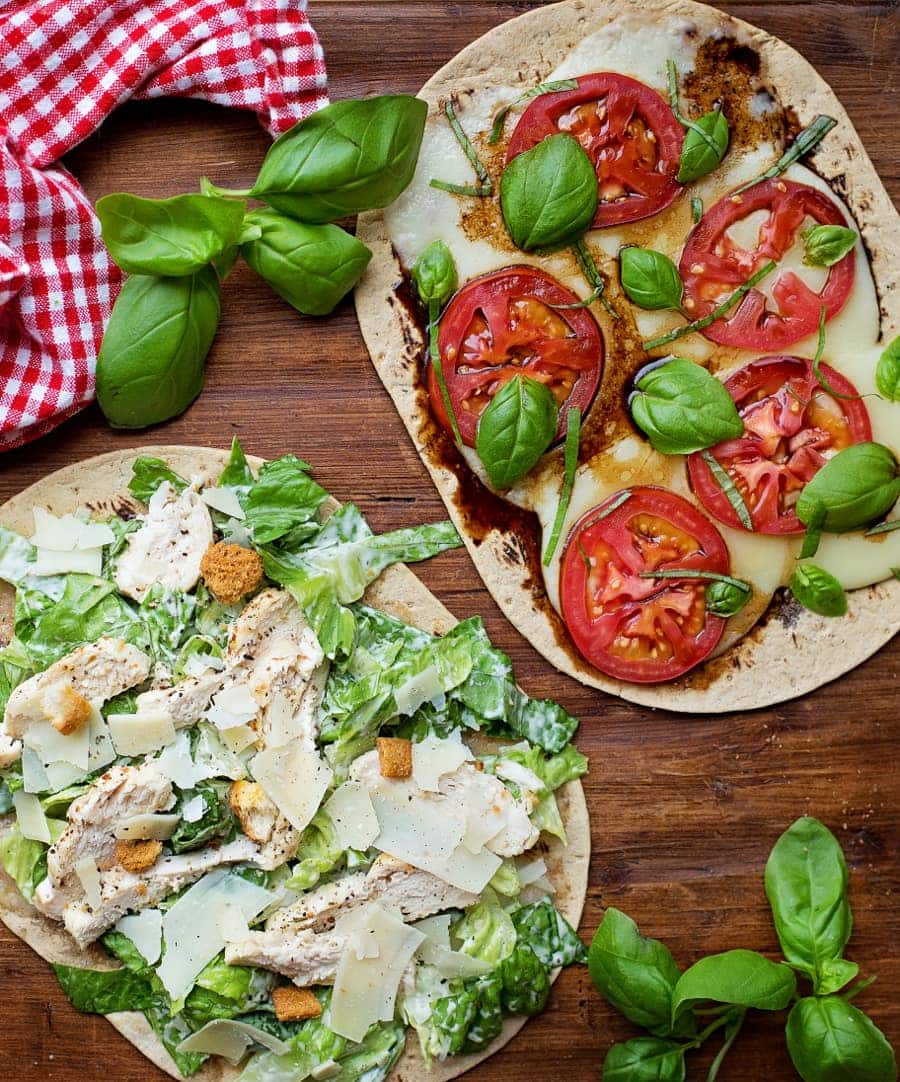 Flatout Flatbread Pizza Caprese and chicken Caesar salad