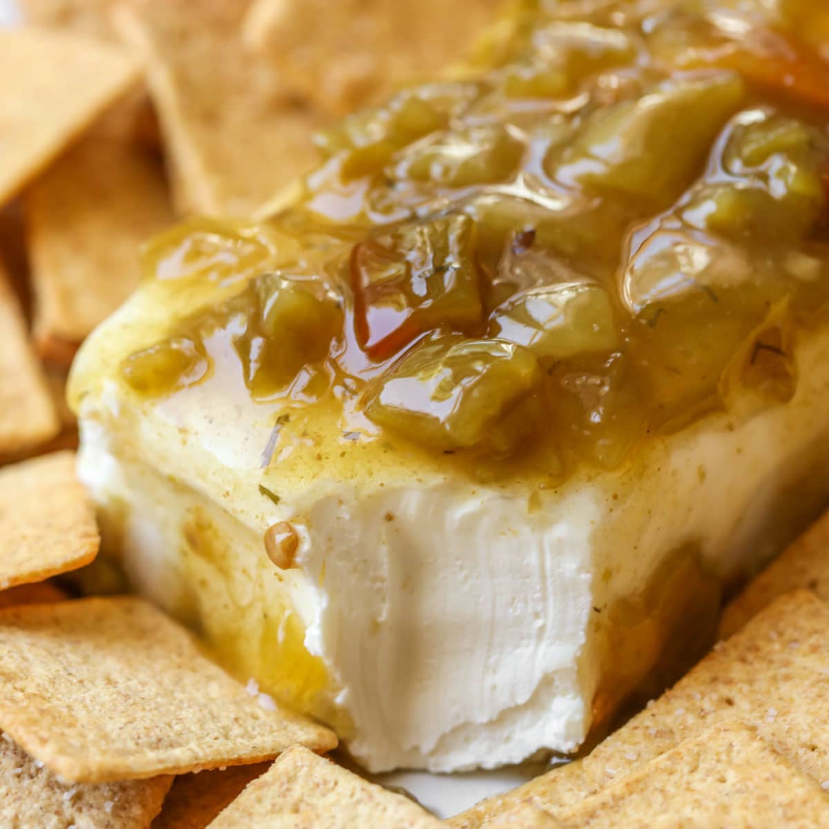 Cream cheese covered in green chili