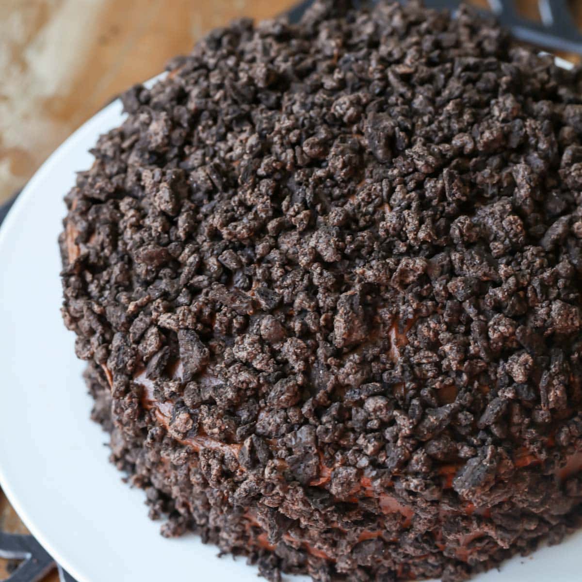 Chocolate cake covered in crushed Oreo.