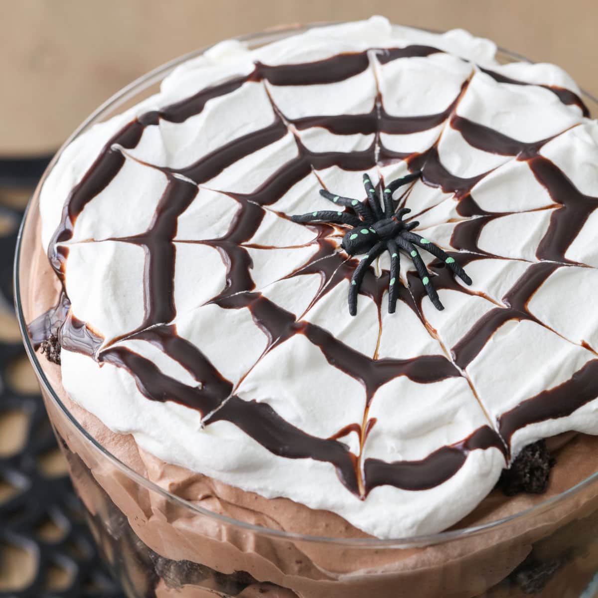 chocolate spider web on whipped cream 