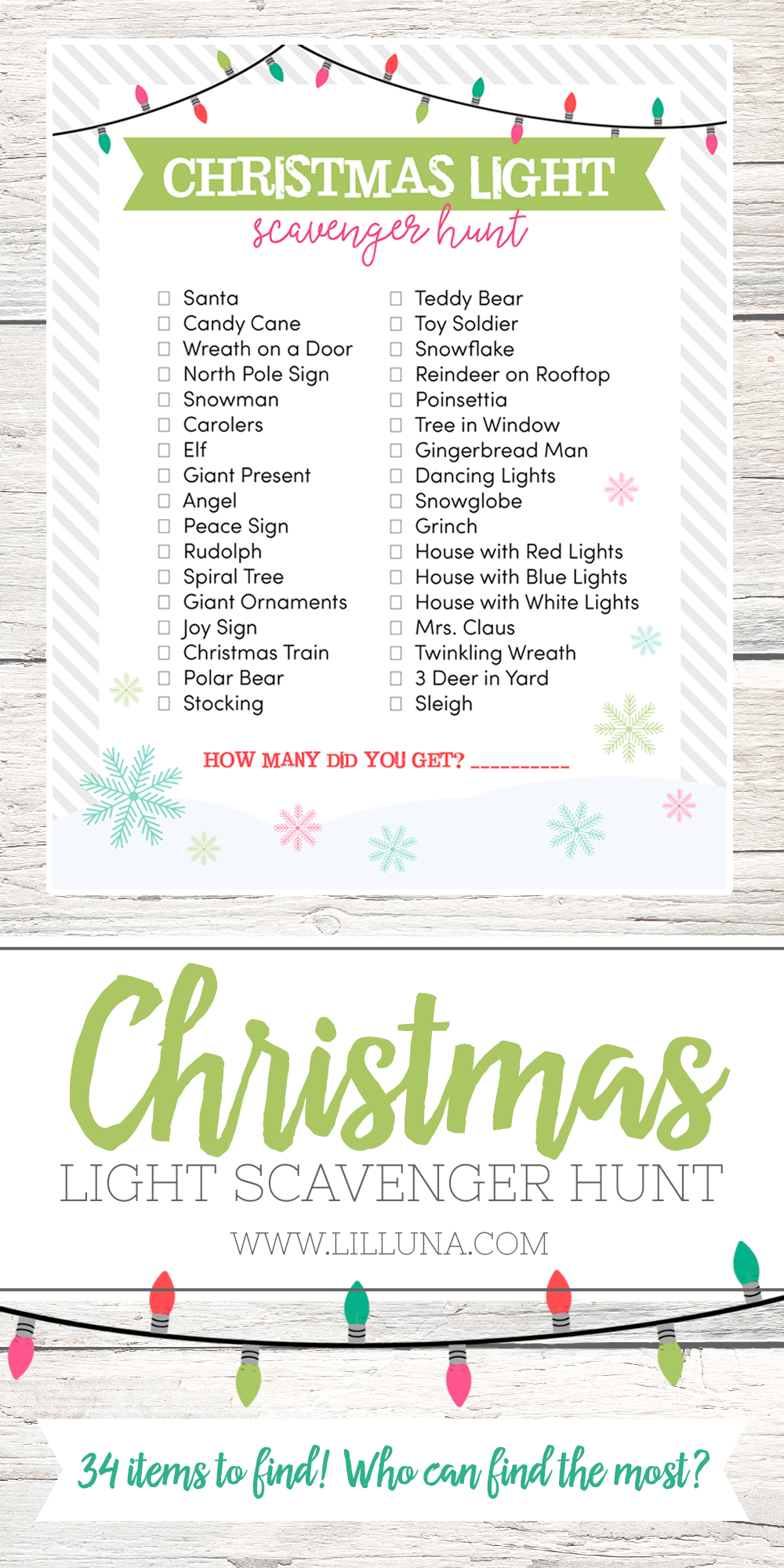 Spend time with your family on this fun Christmas Light Scavenger Hunt. Print it out and take your kids on a drive to find all of the awesome lights. Part of the Bake Craft Sew Series. 