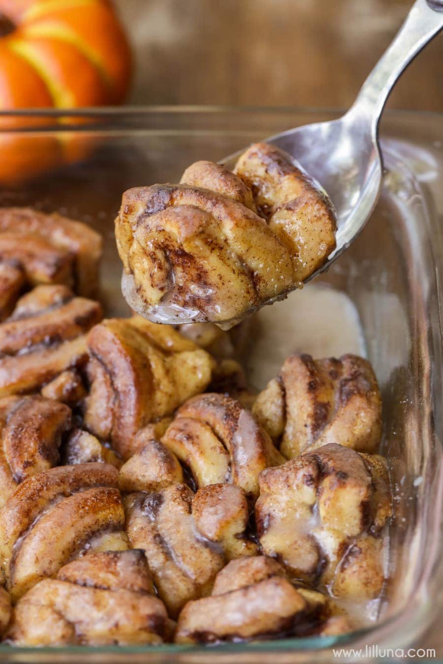 A spoonful of mini pumpkin cinnamon roll bites